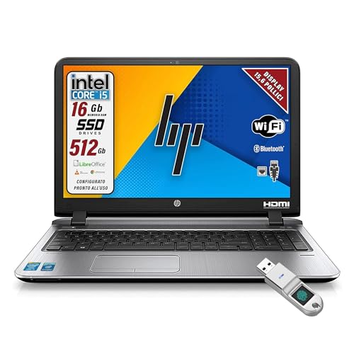 HP , Probook, Pc Portatile Notebook Intel i5-6th, Display HD da 15,6", Ram 16Gb, SSD 512Gb, Pacchetto Libre, W10 Chiavetta FInger Print (Ricondizionato)