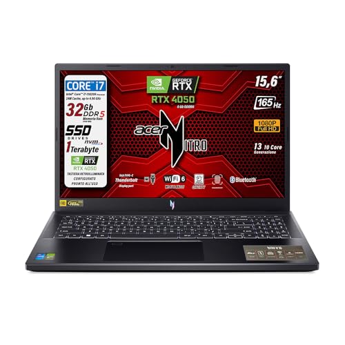 Acer Nitro Notebook Gaming, Cpu Intel Core i7 13620H, Ram 32Gb DDR5, 1 Tb, Display 15,6" IPS 165Hz, NVIDIA GeForce RTX 4050 6Gb GDDR6, Tastiera Retroilluminata e Fingerprint, Win 11 Preconfigurato