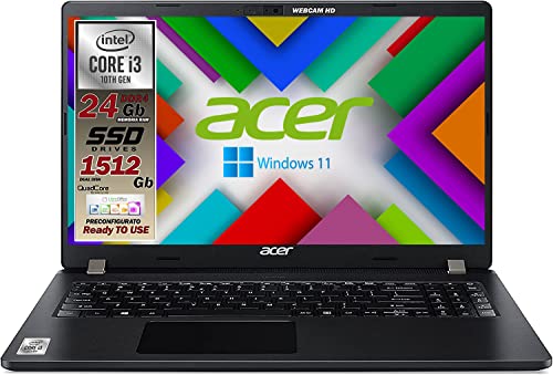 Acer Notebook travelmate Intel i3 10th, Ram da 24 gb, SSHD M.2 Pci 1512 Gb, DISPLAY 15.6 Full HD, USB, wi-fi, hdmi, tastiera retroilluminata, bt, Win 11 Pro, Libre Office, pronto all'Uso, Gar. Ita