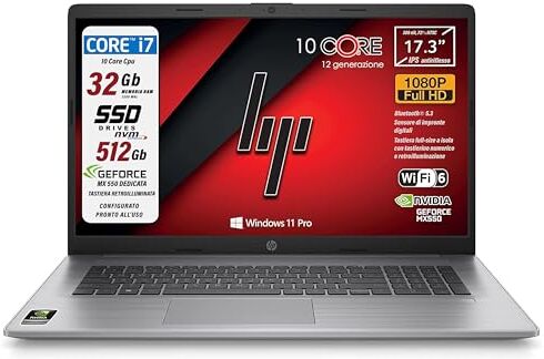 HP 470 G9, notebook, Intel i7 12 Th. 10 Core, RAM 32 Gb, SSD 512 Gb, 17.3" IPS Full HD, Geforce Mx 550 dedicata, wi-fi 6, webcam HD, tastiera retroilluminata, Win 11 Pro, Garanzia Italia