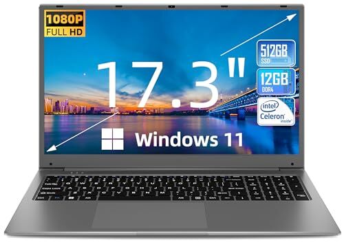SGIN 17 pollici Laptop Windows 11 Home 12 GB RAM 512 GB SSD ROM Laptop Celeron N5095, 5000 mAh, HD IPS, 2 USB 3.0