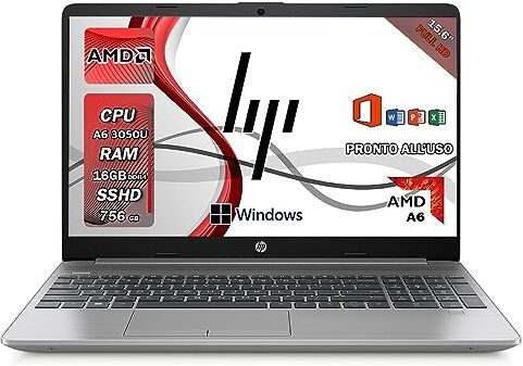 HP 255 G9, Pc portatile notebook, silver, Amd 3050U, Ram 16 GB DDR4, SSHD 756 Gb, Display 15.6" FHD, Windows 11 Pro, Office Pro, Computer portatile pronto All'uso