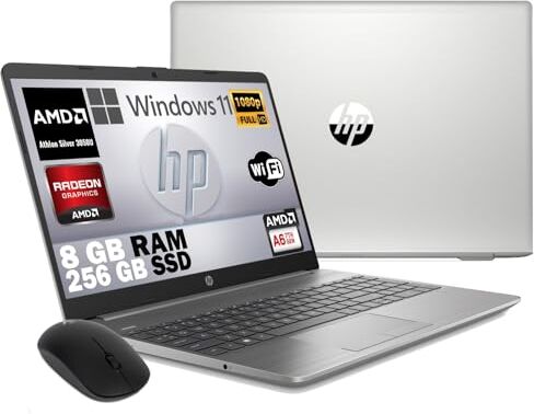 HP 255 G9, ANTEPRIMA 2024 Pc Computer portatile notebook, SILVER Amd 3050U A6, Ram 8 GB DDR4, SSD M2 256 Gb, Display 15.6" FHD, Win 11 Pro, Libre Office, MOUSE WIFI OMAGGIO