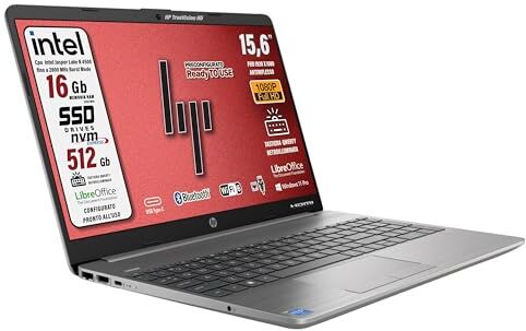 HP 250 G9 notebook portatile, ram 16 gb ddr4, SSD da 512 Gb display fullhd 15.6", N 4500, Tastiera retroilluminata, Wi-fi 6, 3 usb, Win 11 pro, libre office, pronto all'uso, garanzia italia