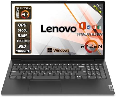 Lenovo notebook ryzen 7, 5700U 8 core, Pc portatile 16gb ram, ssd 1 Tb, Display Full Hd 15.6", Windows 11 Pro, Laptop pronto all'uso