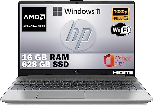 HP 255 G9, Pc portatile notebook, silver, Amd 3050U, Ram 16 GB DDR4, SSD M2 628 Gb, Display 15.6" FHD, Windows 11 Pro, Office Pro, Computer portatile pronto All'uso