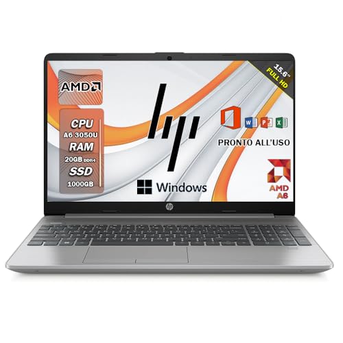 HP 255 G9, Notebook Pc portatile silver, Ram 20 GB ddr4, SSD 1 TB, Amd 3050U, Display 15.6" FHD, BT, WiFi, Windows 11 Pro, Office Pro, Laptop Pronto all'uso