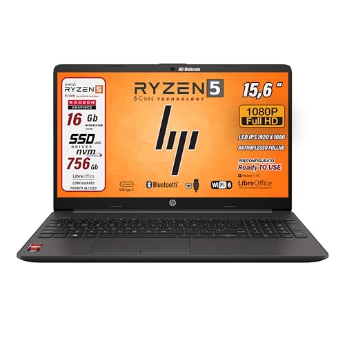 HP Notebook,Pc portatile Ryzen 5 5500U 6 Core 4 Ghz, DDR4 16 Gb, SSHD da 756Gb, Display IPS Full HD 15.6", Wi-fi, 3 usb, webcam HD, Windows 11 Pro 64 Bit, Libre Office, Preconfigurato