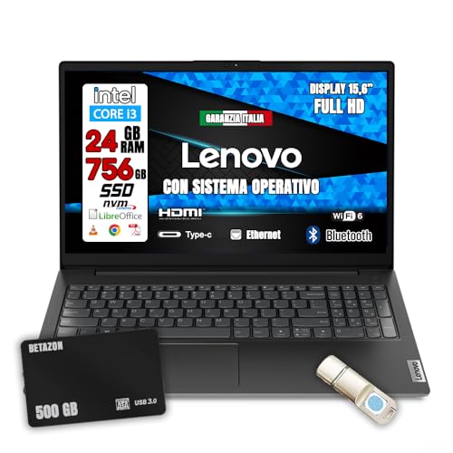 Lenovo Notebook NUOVO • CPU Intel i3 fino a 4,4ghz • Monitor 15.6" Full HD • SSD 756 GB • Ram 24GB • Ingresso LAN, HDMI, USB • Sistema operativo • USB FINGER PRINT e HARD DISK 500 GB