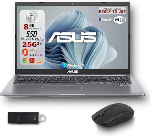 Asus Notebook Portatile, 15.6'' HD, Intel i3-10110U Ram 8GB, Ssd 256GB, Windows 11 Pro, Office 2021 Pro Plus, Pendrive 32GB + Mouse Wireless