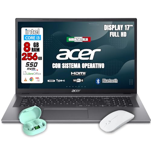 Acer Notebook NUOVO • Monitor 17,3" Full HD • Memoria SSD 256GB • CPU Intel Core i3 fino a 3,8ghz • Ram 8GB • Ingresso TYPE-C, HDMI, USB • Sistema operativo WIN 11 PRO e Libre Office • PRONTO ALL'USO