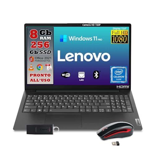 Lenovo Notebook Monitor 15.6" Full HD Intel Core N4500 fino a 2,8ghz Ram 8GB SSD 256GB Pacchetto Office Pro 2021 Windows 11 pro PRONTO ALL'USO MOUSE WIRELESS e CHIAVETTA USB 32gb