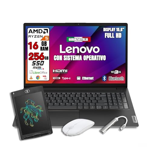Lenovo Notebook NUOVO • Cpu Ryzen 5 fino a 4,3ghz • Memoria SSD 256GB • Monitor 15.6" Full HD • 16GB di RAM • Sistema Operativo • Compreso di MOUSE + TAVOLETTA GRAFICA BAMBINI + HUB USB