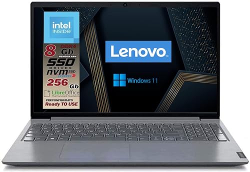 Lenovo Notebook  SSD Intel i3, Display FULL HD 15,6, Ram 8Gb DDR4, SSD PCI da 256Gb, wifi, Bt, usb, Win11 Pro, Libre office, preconfigurato e pronto all'uso, Garanzia Ita