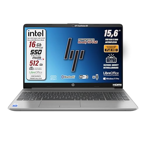 HP 250 G9 pc portatile, RAM 16 Gb DDR 4, SSD da 512 Gb Display FHD 15.6", Intel N4500 fino a 2,8 GHz, Wi-fi, 3 usb, webcam HD, Win 11 Pro, tastiera retroilluminata, preconfigurato, Garanzia Italia