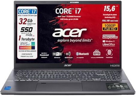 Acer Notebook, Intel Core i7 12650H, 10Core fino a 4.7Ghz, RAM 32 Gb, SSD PCIe NVMe 1TB, 15.6" FullHD, Tastiera Retroilluminata, Fingerprint, Wi-Fi 6, LAN, HDMI, Win 11 Pronto all'Uso