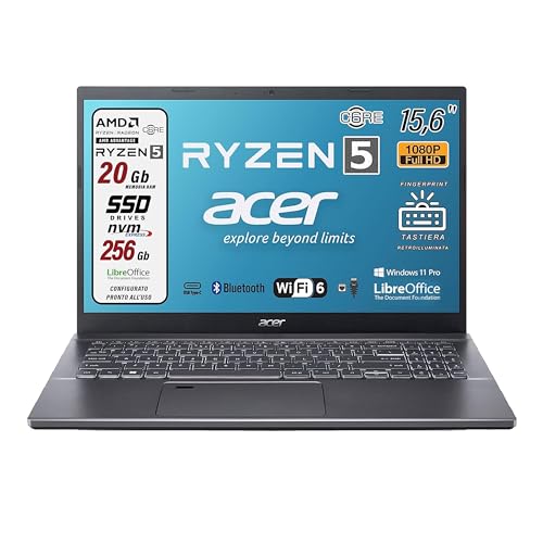 Acer , Pc portatile notebook, Amd Ryzen 5 5625u, 6 Core, Ram 20 Gb, SSD 256 Gb, Display 15.6" FHD, Tastiera retroilluminata, Fingerprint, WI-FI 6, Win 11 Pro, Preconfigurato