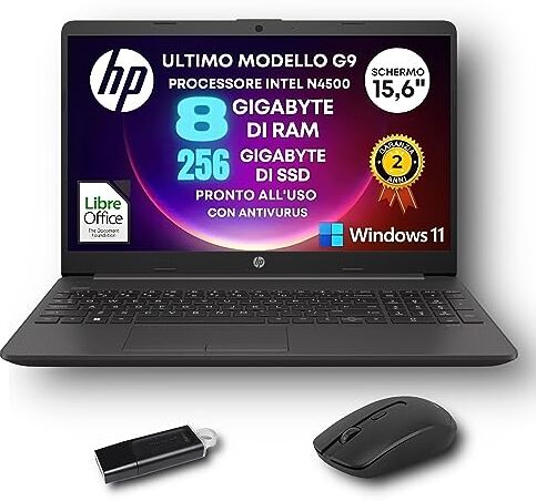 HP Notebook G9, Computer Portatile, Intel n4500 2,8 ghz, Display Hd da 15,6" Ram 8gb DDR4, SSD 256 Gb, Bt, Win11 Pro, Libre Office, Mouse Wireless + Pendrive 32 GB IN OMAGGIO