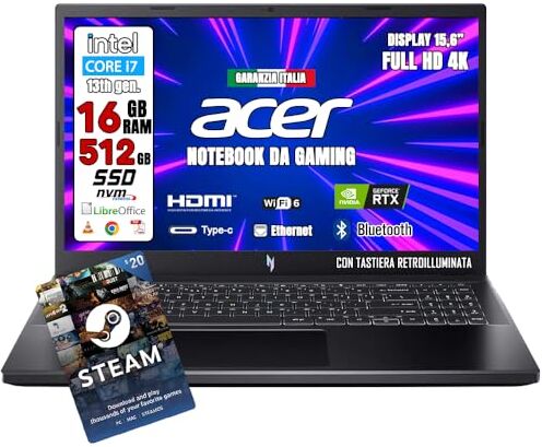 Acer NITRO Gaming NUOVO • CPU Intel i7-13620H fino a 4,90ghz • Monitor 15.6" 4K • SSD 512GB • Ram 16GB DDR5 • Scheda grafica Nvidia GeForce RTX 2050 4 GB GDDR6 • Tastiera Retroilluminata • Steam 20€