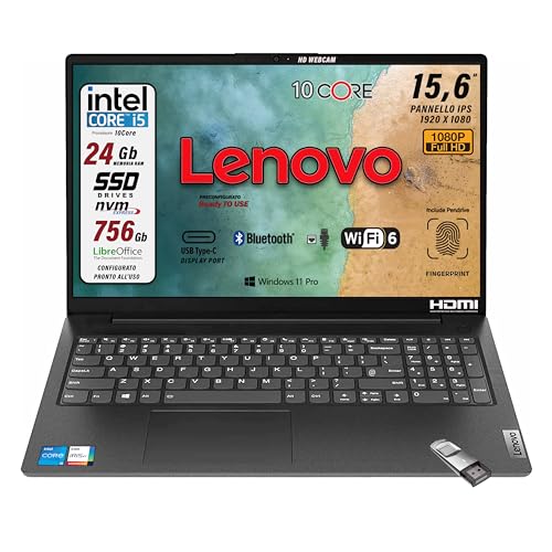 Lenovo , Pc portatile notebook, Cpu Intel i5, 10Core, 24 Gb ram, Full HD 15,6", SSD Nvme da 256 Gb + HDD da 500Gb, webcam, usb C, Win 11 Pro, pronto all'uso, garanzia Italia