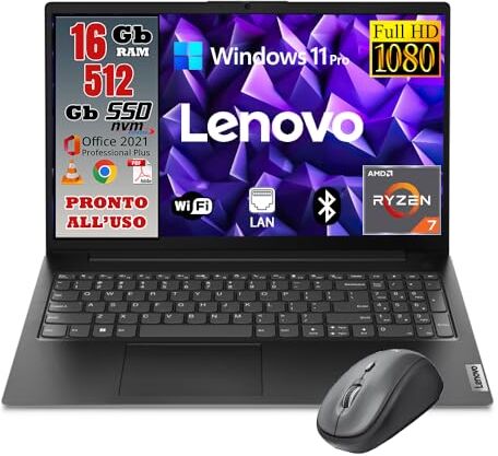 Lenovo Notebook NUOVO • CPU Amd Ryzen 7 • Ram 16GB • Monitor 15.6" Full HD • SSD 512 GB • Ingresso LAN, HDMI, USB • Sistema operativo WIN 11 PRO e Pacchetto Office • MOUSE WIRELESS • PRONTO ALL'USO