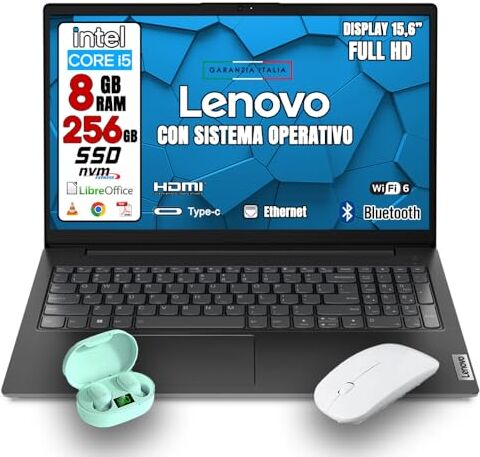 Lenovo Notebook NUOVO • CPU Intel i5 fino a 4,4ghz • Monitor 15.6" Full HD • SSD 512 GB • Ram 8GB • Ingresso LAN, HDMI, USB • Sistema operativo WIN 11 PRO e Libre Office • MOUSE WIRELESS + CUFFIETTE