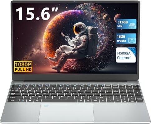 KiiUiUi 15,6 pollici PC Portatile, Notebook Celeron N5095 Processor, 16GB RAM 512GB SSD Windows 11 Laptop 1920*1080 IPS FHD Computer Portatile, 2*USB 3.0, Mini HDMI, digitale e tastiera retroilluminata