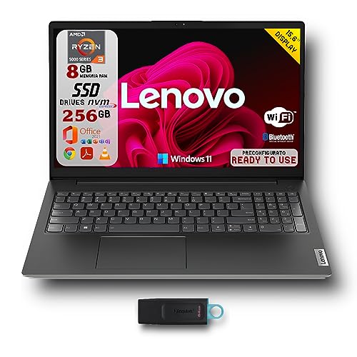Lenovo Notebook Portatile V15 AMD Ryzen 3 5300U, 15.6" Display FHD 1920x1080, Ram DDR4 8GB, SSD 256GB PCIe NVMe, Windows 11 Pro, Office 2021 Pro Plus + Pendrive 64GB in Omaggio