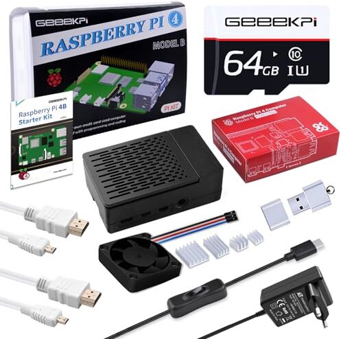 GeeekPi Raspberry Pi 4 4GB Complete Starter Kit with 32GB SD Card,Raspberry Pi 4 Case with PWM Fan,Raspberry Pi 5V 3.6A Power Supply with ON/Off Switch,2pcs HDMI Cables for Raspberry Pi 4B (4GB RAM)