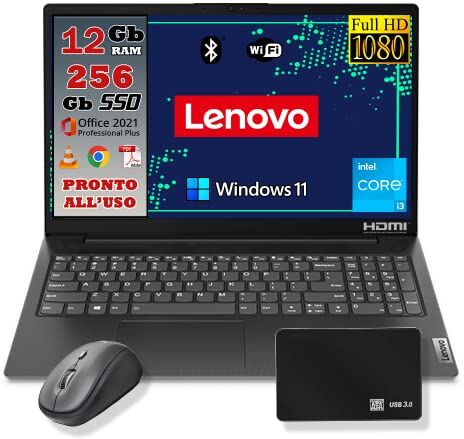 Lenovo Notebook Monitor 15.6" Full HD Intel Core i3 11th fino a 4,1ghz Ram 12GB SSD 256GB Pacchetto Office Pro 2021 Windows 11 pro PRONTO ALL'USO MOUSE WIRELESS e Kit esterno con HDD da 500 Gb