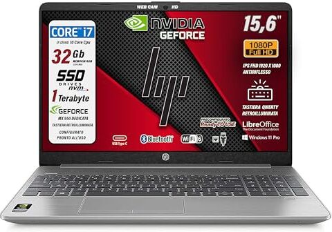 HP 250 G9, notebook, Intel i7 12 Gen. 10 Core, RAM 32 Gb, SSD 1 TERA, 15.6" Full HD, Geforce Mx 550 dedicata, wi-fi 6, webcam HD, tastiera retroilluminata, Win 11 Pro, Garanzia Italia