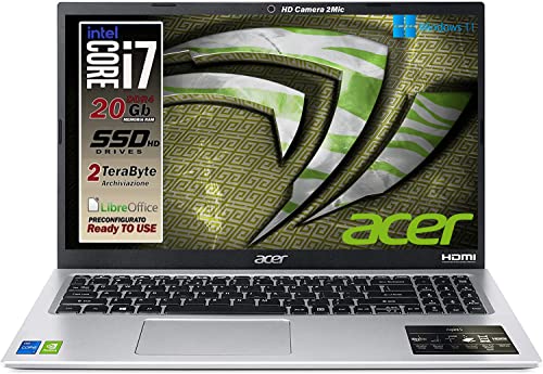 Acer Notebook SSD slim, Intel i7 di 11Gen 4 core 4.7ghz, RAM 20GB, SSDHD da 2TB, display 15.6 FullHD, NVIDIA Geforce MX450, cover in alluminio, Wi-Fi 6, hdmi, Win 11, Pronto all'Uso, Gar. Ita