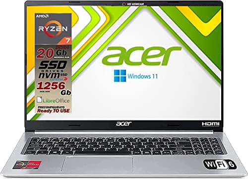 Acer Notebook portatile, Cpu Ryzen 7 5700U 8 Core, RAM 20Gb, SSDHD 1256GB, Display 15,6 FullHD, cover in alluminio, tastiera retroilluminata, 4 usb, wi-fi 6, hdmi, lan, Win11 pro, pronto all'uso