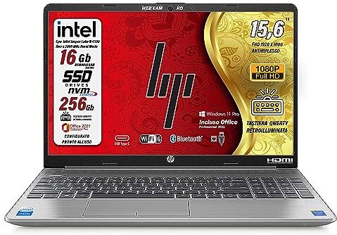 HP 250 G9 Notebook Portatile, RAM 16 Gb DDR 4, SSD da 256 Gb, Display FullHD 15.6", cpu Intel N 4500, Wi-fi6, lan, 3 usb, webcam HD, Win 11 Pro 64 bit, pronto All'uso, Garanzia 2 anni