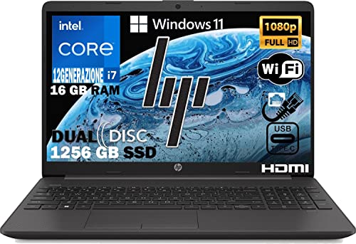 HP Notebook 250 G9, Pc portatile Grey, Intel Core i7 1255U 12Th Gen 4,7Ghz, Ram 16Gb, SSD 1256Gb, Display 15.6" Full HD, Win 11 Pro, Open Office 2021, computer pronto utilizzo
