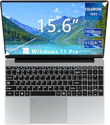 DUNHOO PC Portatile 15,6 pollici, Notebook 16 GB RAM 512 GB SSD Celeron N95 Windows 11 Pro 1920 * 1080 IPS Full HD Computer, con 2 * USB 3.0 Mini HDMI digitale e tastiera retroilluminata full size Laptop