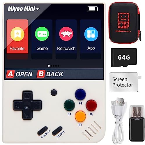 Cawevon Mini Plus, Console di gioco portatile con schermo IPS da 3,5 pollici, 640 x 480, scheda TF da 64 GB, con 10000 giochi classici, supporta la modalità hotspot Wi-Fi, con custodia