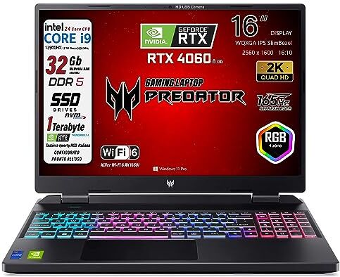 Acer Predator Helios Neo 16 Notebook Gaming, Processore Intel Core i9-13900HX, RAM 32 GB DDR5, 1 Tera SSD, Display 16" WQXGA IPS 165 Hz, NVIDIA GeForce RTX 4060 8 GB GDDR6, Win 11 Pro, Preconfigurato