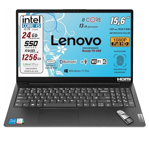 Lenovo , Pc portatile notebook, Cpu Intel i5 13Th, 13420H 8 Core, 24 Gb ram, Full HD 15,6", SSD Nvme da 256 Gb + SSD da 1 TeraByte, webcam, usb C, Win 11 Pro, pronto all'uso, garanzia Italia