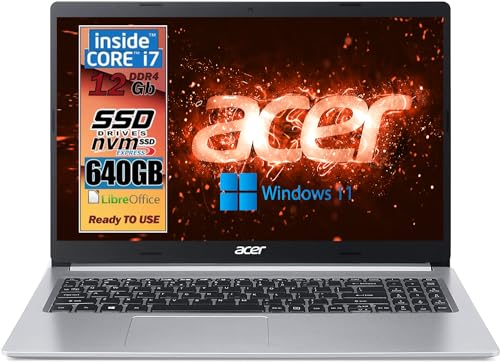 Acer Notebook SSD slim, Intel i7 di 11Gen 4 core 4.7ghz, RAM 12GB, SSD da 640GB, display 15.6 FullHD, NVIDIA Geforce MX450, cover in alluminio, Wi-Fi 6, hdmi, Win 11, Pronto all'Uso, Gar. Ita