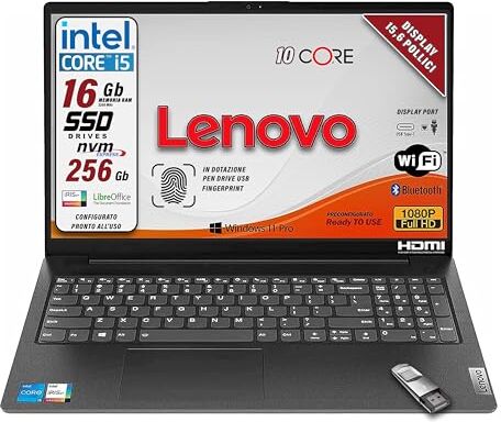 Lenovo Notebook SSD Intel i5 11 th, Display FULL HD 1920x1080 Led da 15,6" Ram 16 Gb DDR4, SSHD 756 Gb, wifi, webcam, Bt, 3 usb, Win 11 Pro, Libre Office, pronto All'uso, Garanzia Italia 2 Anni