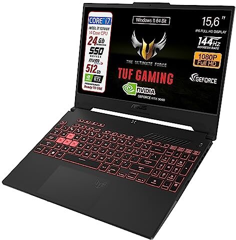 Asus TUF Notebook Gaming, Cpu Intel Core 12700H 14 Core fino a 4,7 GHz Burst Mode, RAM 24 Gb DDR4, Geforce RTX 3050 da 4 Gb, SSD Pci Nvme da 512 Gb, Display 15.6" FHD 144Hz, Win 11, Preconfigurato