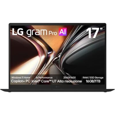 LG gram Pro AI 17Z90U 2026, Notebook Copilot+ PC 17" Intel Core Ultra 7 Display WQXGA 17", 16GB RAM, 1TB SSD, ultraleggero solo 1.379g e batteria 77Wh per lavoro, multitasking e creatività LG gram Pro AI 17Z90U 2026, Notebook Copilot+ PC 17" Intel Core Ultra 7 Display WQXGA 17", 16GB RAM, 1TB SSD, ultraleggero solo 1.379g e batteria 77Wh per lavoro, multitasking e creatività