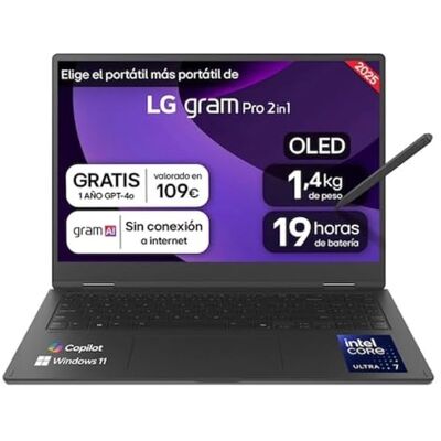 LG gram 16T90TP-K.AD88B Notebook Convertibile da 16", Intel Core Ultra7 255H, 32GB RAM, 1TB SSD, Pannello OLED Multitouch, WQXGA+, 1399g, 19h, Windows 11 Home, Tastiera QWERTY LG gram 16T90TP-K.AD88B Notebook Convertibile da 16", Intel Core Ultra7 255H, 32GB RAM, 1TB SSD, Pannello OLED Multitouch, WQXGA+, 1399g, 19h, Windows 11 Home, Tastiera QWERTY