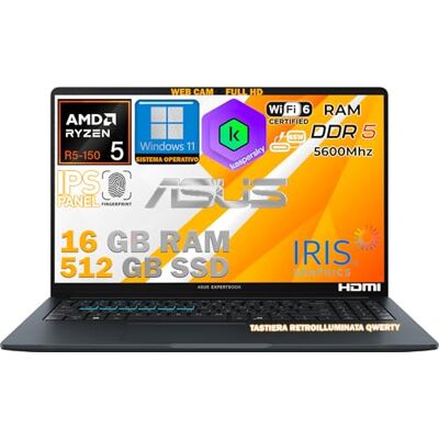 Asus Notebook ExpertBook 15,6" AMD Ryzen 5 R-150U14ª Gen 10-Core fino a 5GHz, 16GB RAM DDR5, 512GB SSD, Win11 Pro, WiFi6E, Tastiera Retroilluminata, QWERTY, Fingerprint, Compatibile Kaspersky Asus Notebook ExpertBook 15,6" AMD Ryzen 5 R-150U14ª Gen 10-Core fino a 5GHz, 16GB RAM DDR5, 512GB SSD, Win11 Pro, WiFi6E, Tastiera Retroilluminata, QWERTY, Fingerprint, Compatibile Kaspersky