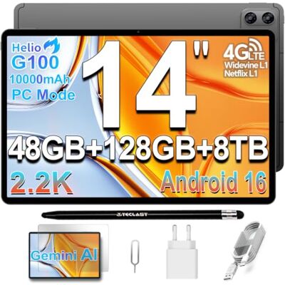 TECLAST T70PRO Tablet 14" 2.2K Gaming Tablets Android 16, Helio G100 2.2GHz Octa-Core, 10000mAh/18W, 4G LTE Dual SIM 5GWiFi, 48GB+128GB+8TB TF, Mode PC, Widevine L1/GPS/13MP/Gemini AI Tablet con Penna TECLAST T70PRO Tablet 14" 2.2K Gaming Tablets Android 16, Helio G100 2.2GHz Octa-Core, 10000mAh/18W, 4G LTE Dual SIM 5GWiFi, 48GB+128GB+8TB TF, Mode PC, Widevine L1/GPS/13MP/Gemini AI Tablet con Penna