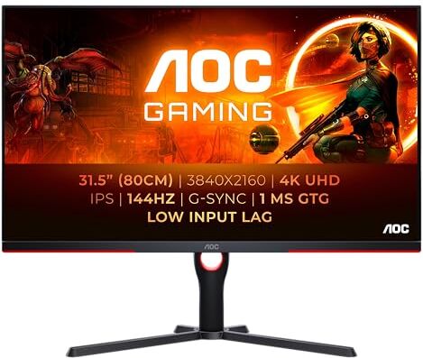 AOC Gaming U32G3X Monitor UHD da 32 pollici, 144 Hz, FreeSync Pre., G-Sync comp., HDR400 (3840x2160, 1ms GtG, HDMI 2.1, DisplayPort) nero-rosso