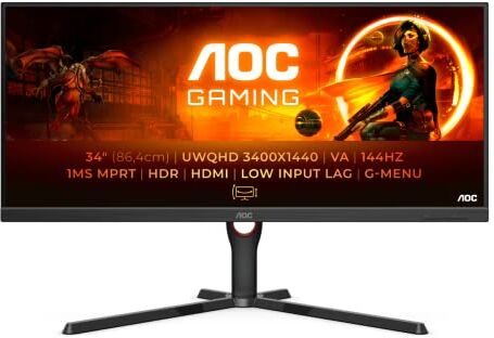 AOC Gaming U34G3XM Monitor WQHD da 34 pollici, 1 ms MPRT, 144 Hz, FreeSync Premium, HDR10 (3440x1440, HDMI, DisplayPort), colore nero