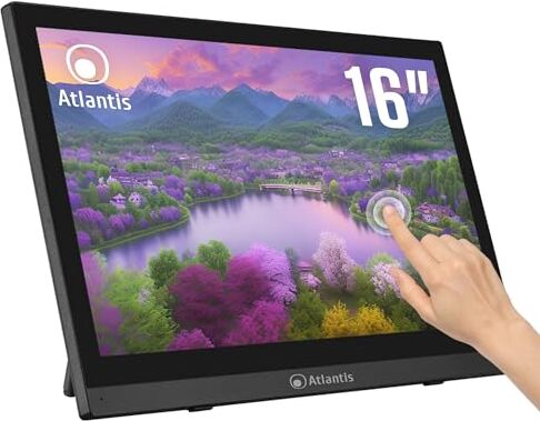 Atlantis A05-T16A-VHM Monitor Touch 16 pollici, schermo 16", Touchscreen 10 tocchi, Full HD 1920x1080, HDMI VGA, inclinabile 15°-50°, Vetro Protettivo 7H, Contrasto 800:1, Angolo 170/170,Vesa 75