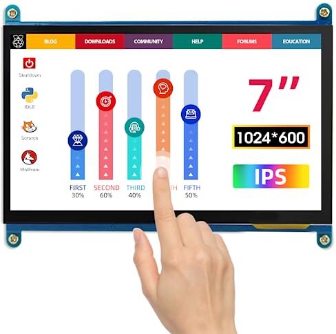 ELECROW Monitor Touchscreen per Raspberry pi 4, 7 pollici 1024x600 Touchscreen capacitivo Monitor HDMI per Raspberry Pi, Windows